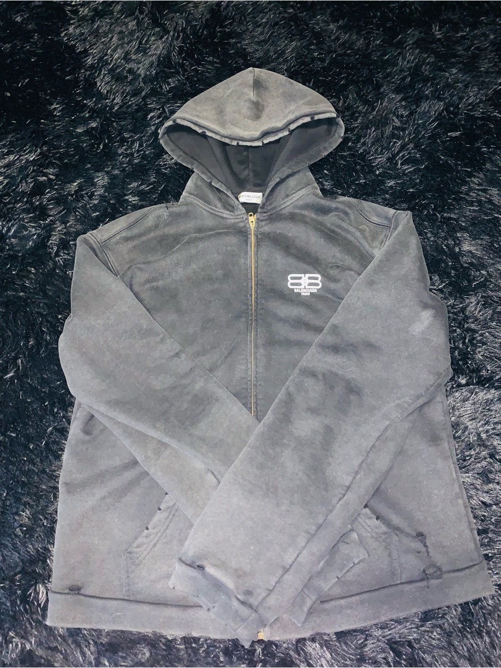 Balenciaga Black Zip-Up/Hoodie with Logo on Chest and Sleeves Men’s Medium